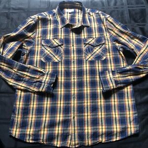 True Religion Mens Plaid Multicolored Button Up Shirt Horseshoe Logo XL Navy